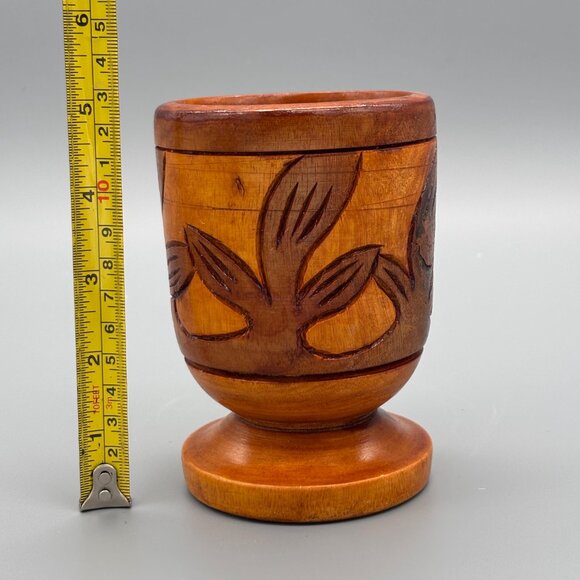 Vintage Hand-Carved Teak Pedestal Cup | Leaf Motif Wood Vessel - Picture 7 of 8